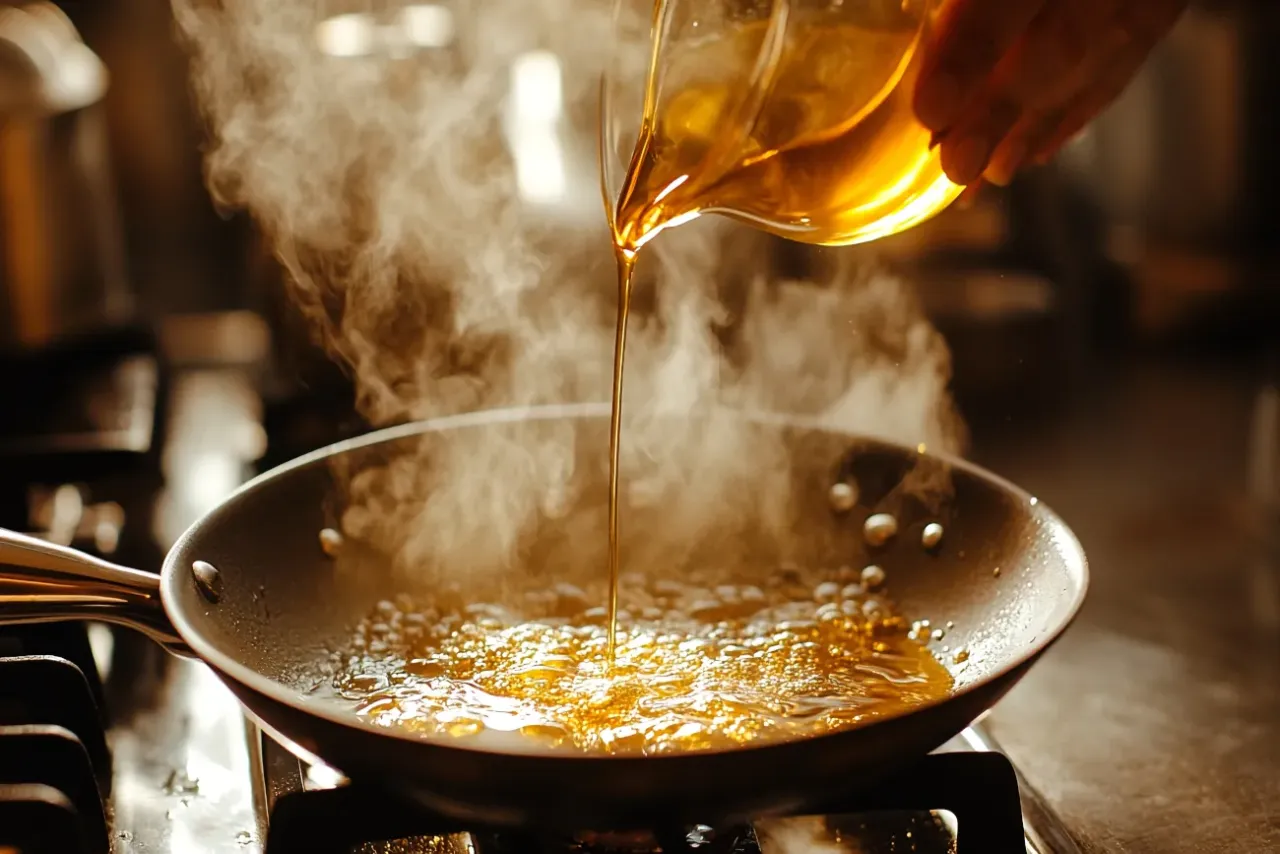 Złoty płyn wylewany z dzbanka do gorącej patelni, tworząc parę. Idealny sposób, jak zrobic sos z tluszczu po upieczeniu.