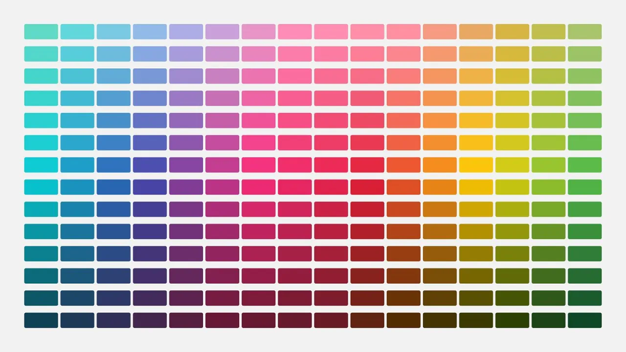 Siatka prostokąt&oacute;w w r&oacute;żnych odcieniach, od turkusowego przez fioletowy, r&oacute;żowy, czerwony, pomarańczowy, ż&oacute;łty, aż po zielony. Każdy prostokąt reprezentuje jaki to kolor html.