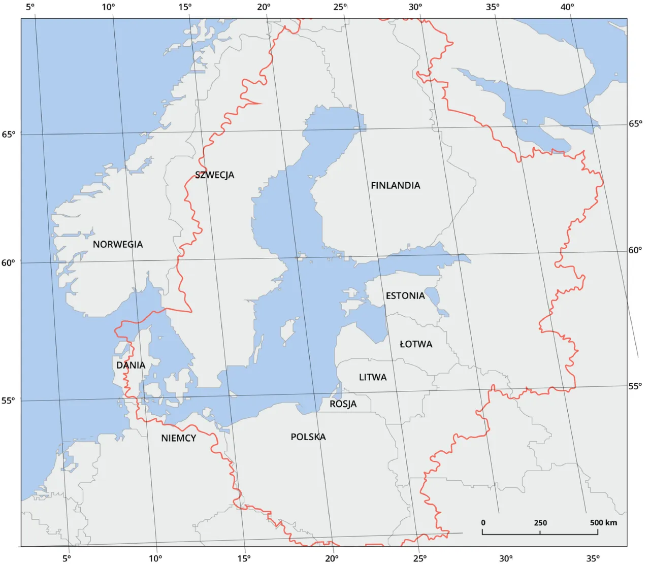Mapa Morza Bałtyckiego z zaznaczonymi Cieśninami Duńskimi i rzekami