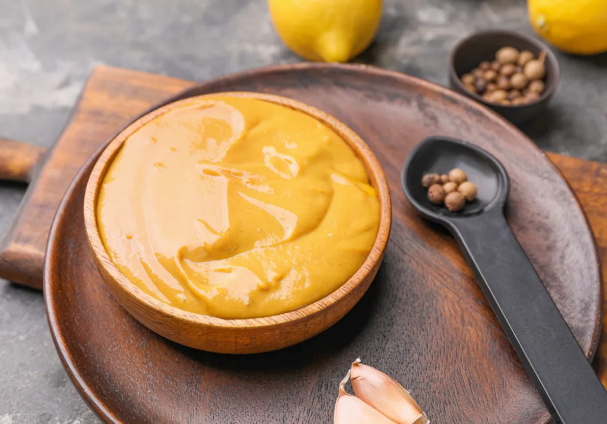 Składniki na sos musztardowy: olej, musztarda, cytryna, miód