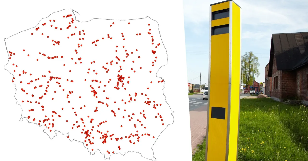 Mapa Polski z zaznaczonymi czerwonymi kropkami, gdzie znajdują się fotoradary S8. Obok żółty słup z kamerą.