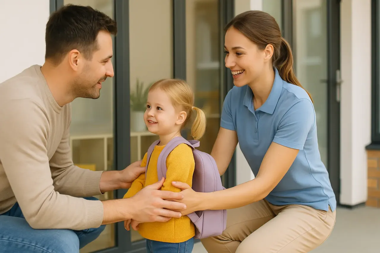 Rodzic z uśmiechniętym dzieckiem w żłobku