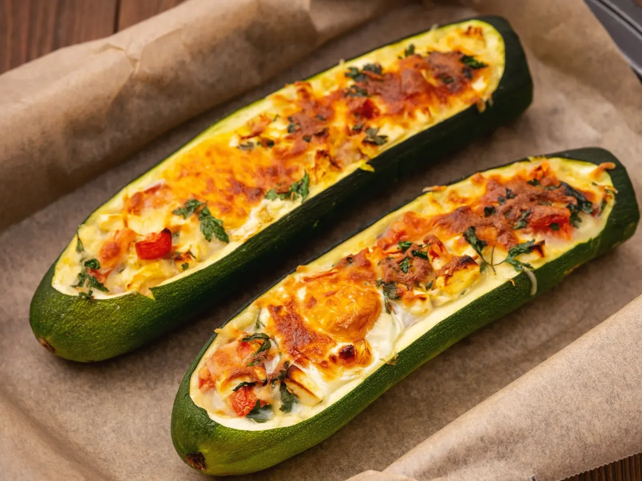 Dwa połówki cukinii zapieczone z serem i ziołami. Idealny pomysł, co ugotować z cukinii na obiad.