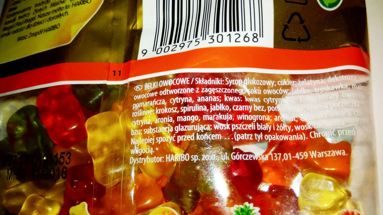 skład żelk&oacute;w haribo, etykieta wartości odżywczych