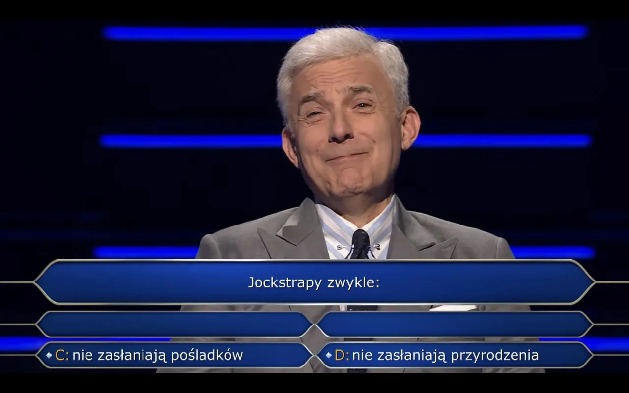 Prowadzący Milioner&oacute;w z uśmiechem czeka na odpowiedź. Jak działa telefon do przyjaciela? Pytanie o jockstray.