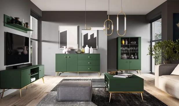 Wnętrza z szarymi ścianami i zielonymi dodatkami