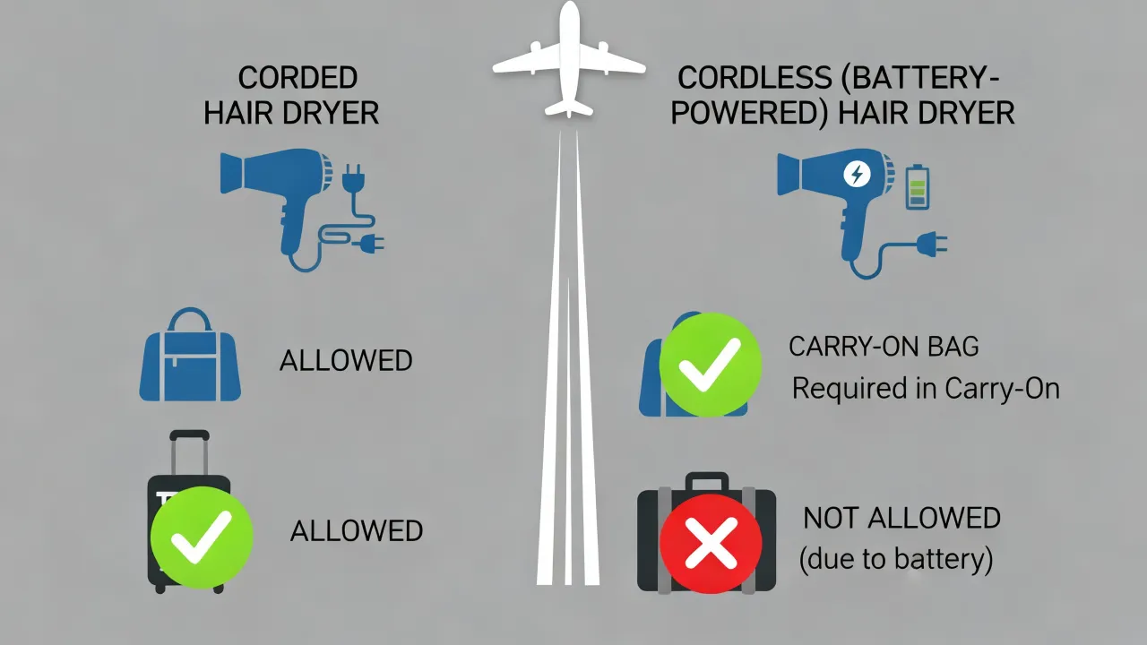 Suszarka przewodowa jest dozwolona w bagażu podręcznym. Bezprzewodowa suszarka (z baterią) nie jest dozwolona w bagażu rejestrowanym.
