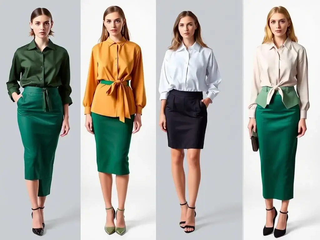 Różne fasony spodni do zielonej bluzki na różne okazje