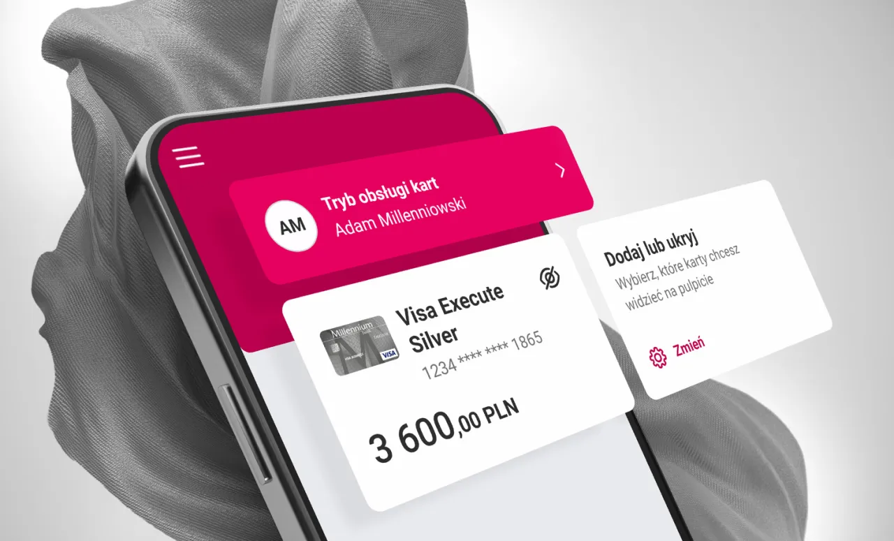 Aplikacja mobilna Banku Millennium pokazuje, jak aktywować kartę. Widoczna karta Visa Execute Silver i opcje zarządzania.