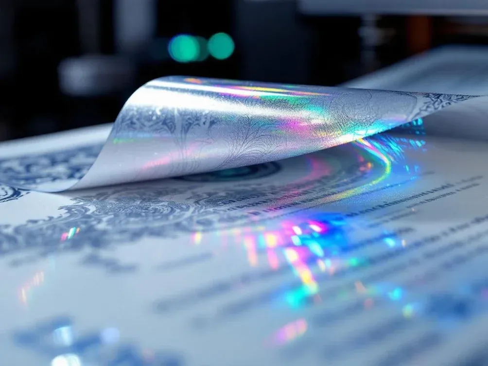 Przykłady druku z folią holograficzną opakowania etykiety wizytówki zabezpieczenia