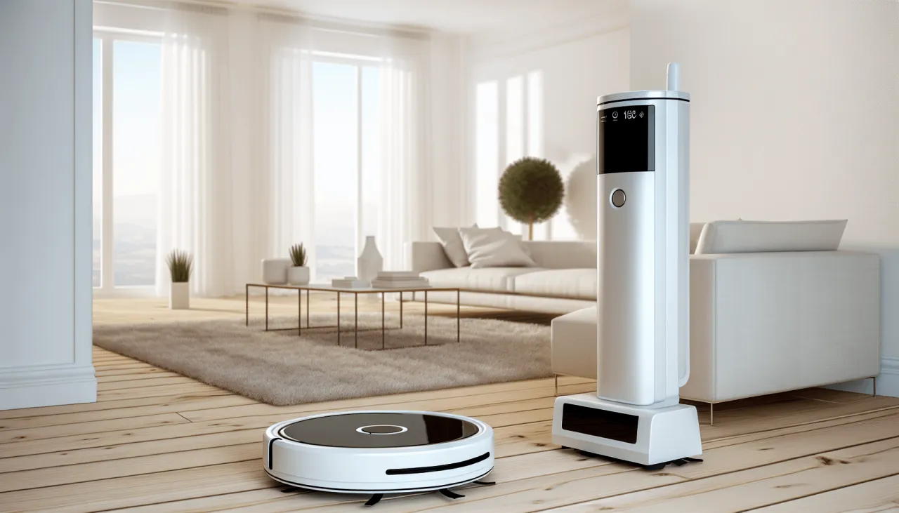 Odkurzacz pionowy i robot sprzątający w nowoczesnym domu