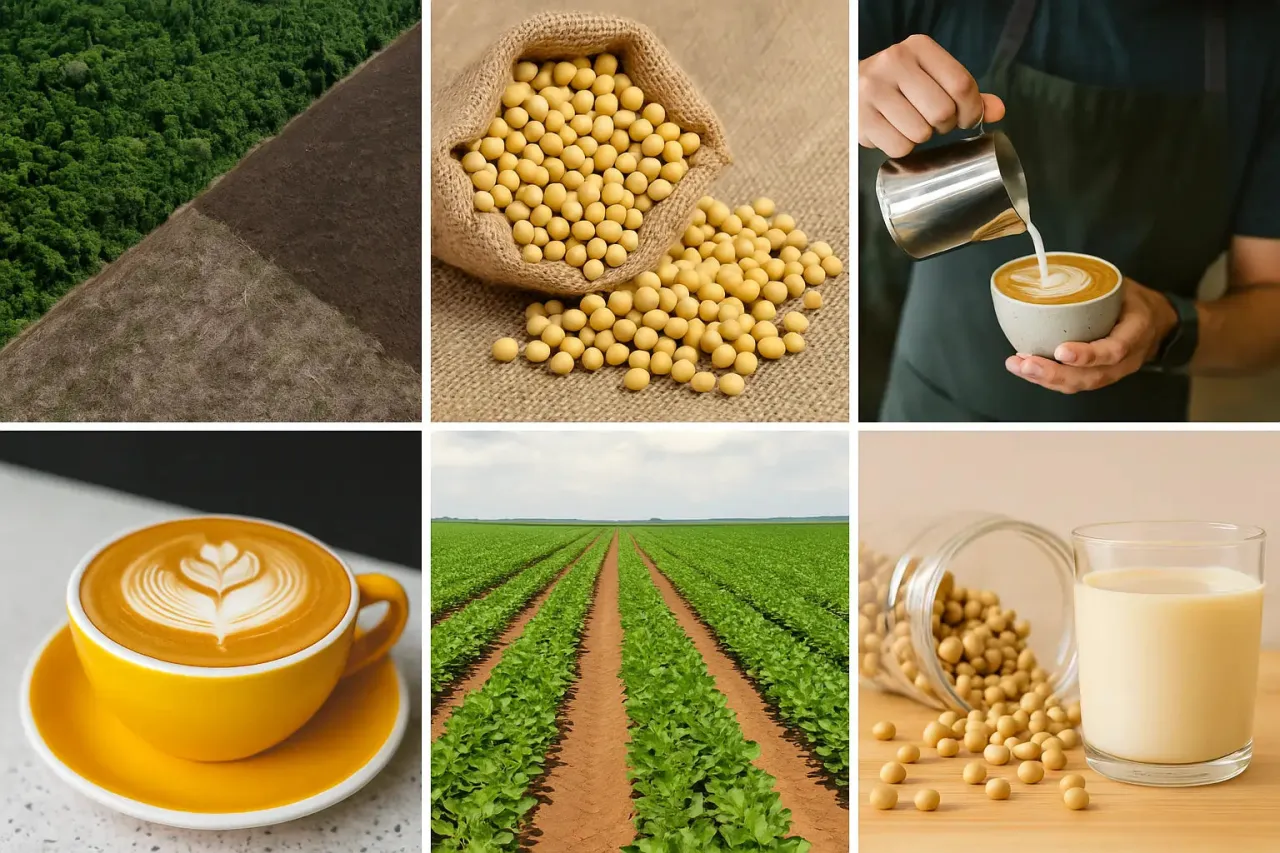 różne opakowania mleka sojowego na tle kawy