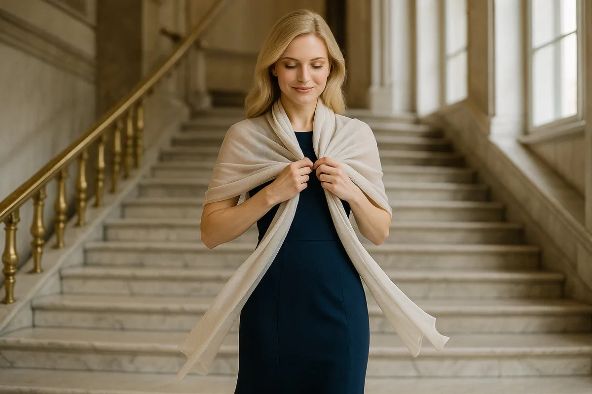Elegancka kobieta w granatowej sukience i beżowym szalu, pokazująca, jak nosić szal do sukienki.