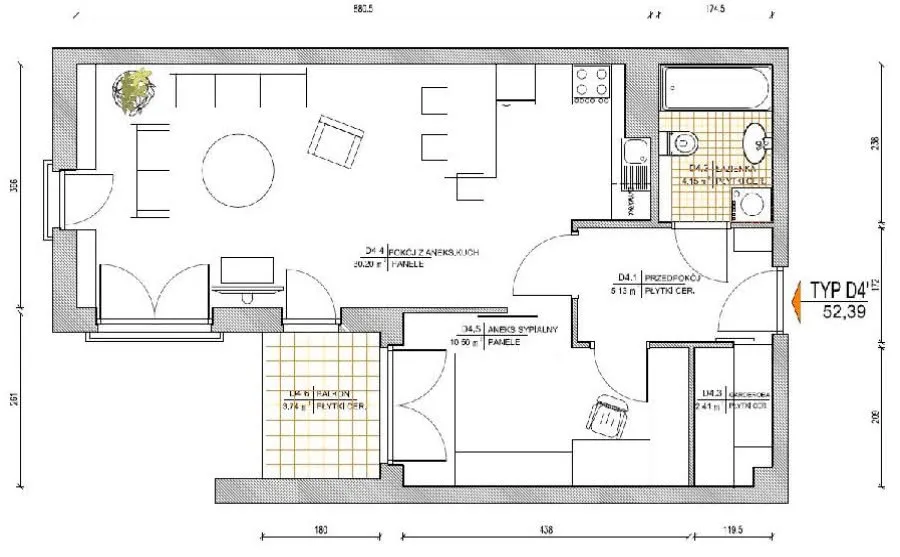 plan mieszkania z wydzielonymi strefami salon sypialnia