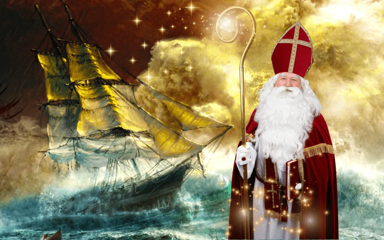 Święty Mikołaj z laską i księgą stoi na tle sztormowego morza i żaglowca. To fragment baśni o św. Mikołaju.