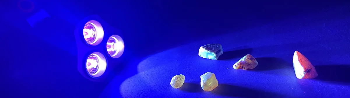 Sprzęt do szukania bursztynu, latarka UV i bursztyn