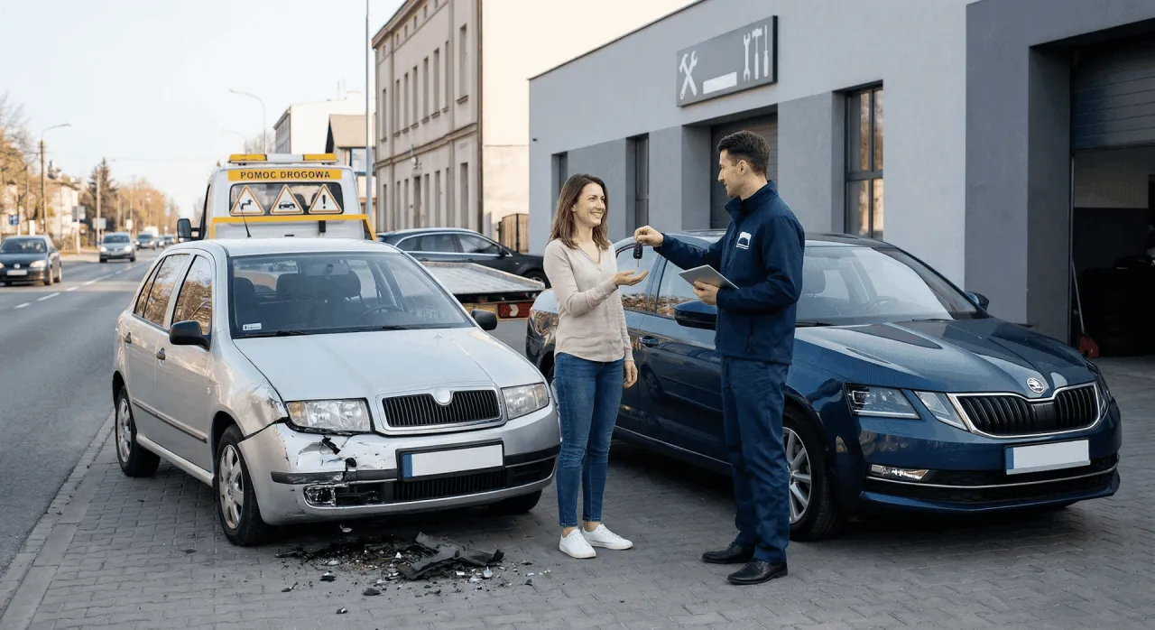 Przekazanie kluczyk&oacute;w do samochodu zastępczego z AC po wypadku. Kobieta odbiera auto od pracownika serwisu.