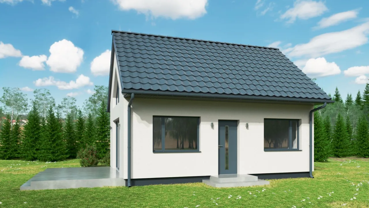 Nowoczesny, biały dom z szarym dachem i oknami. Idealny przykład, jakie domy nie wymagają pozwolenia na budowę.