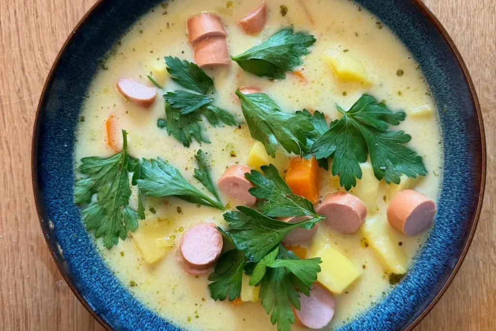 Kartoffel Lauch Suppe mit Speck und Würstchen