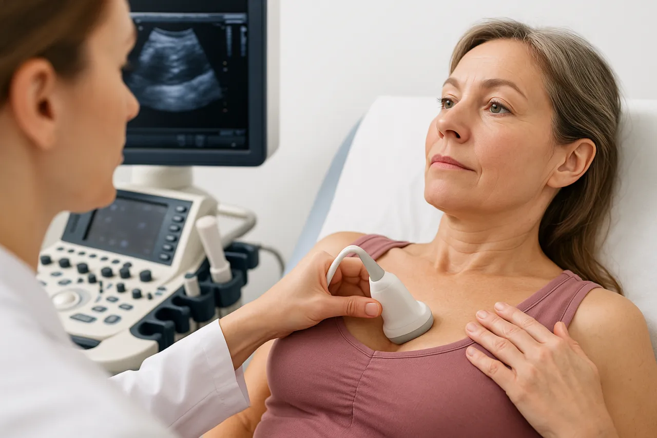 kobieta wykonująca USG piersi