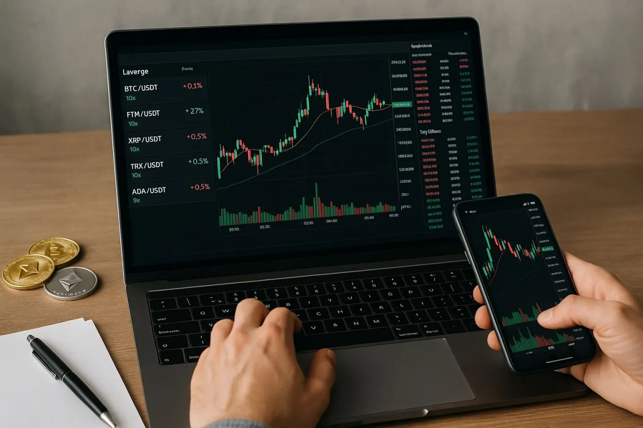 Ręce nad klawiaturą laptopa i smartfonem z wykresem giełdowym. To idealny moment, by dowiedzieć się, jak zacząć grać na giełdzie.