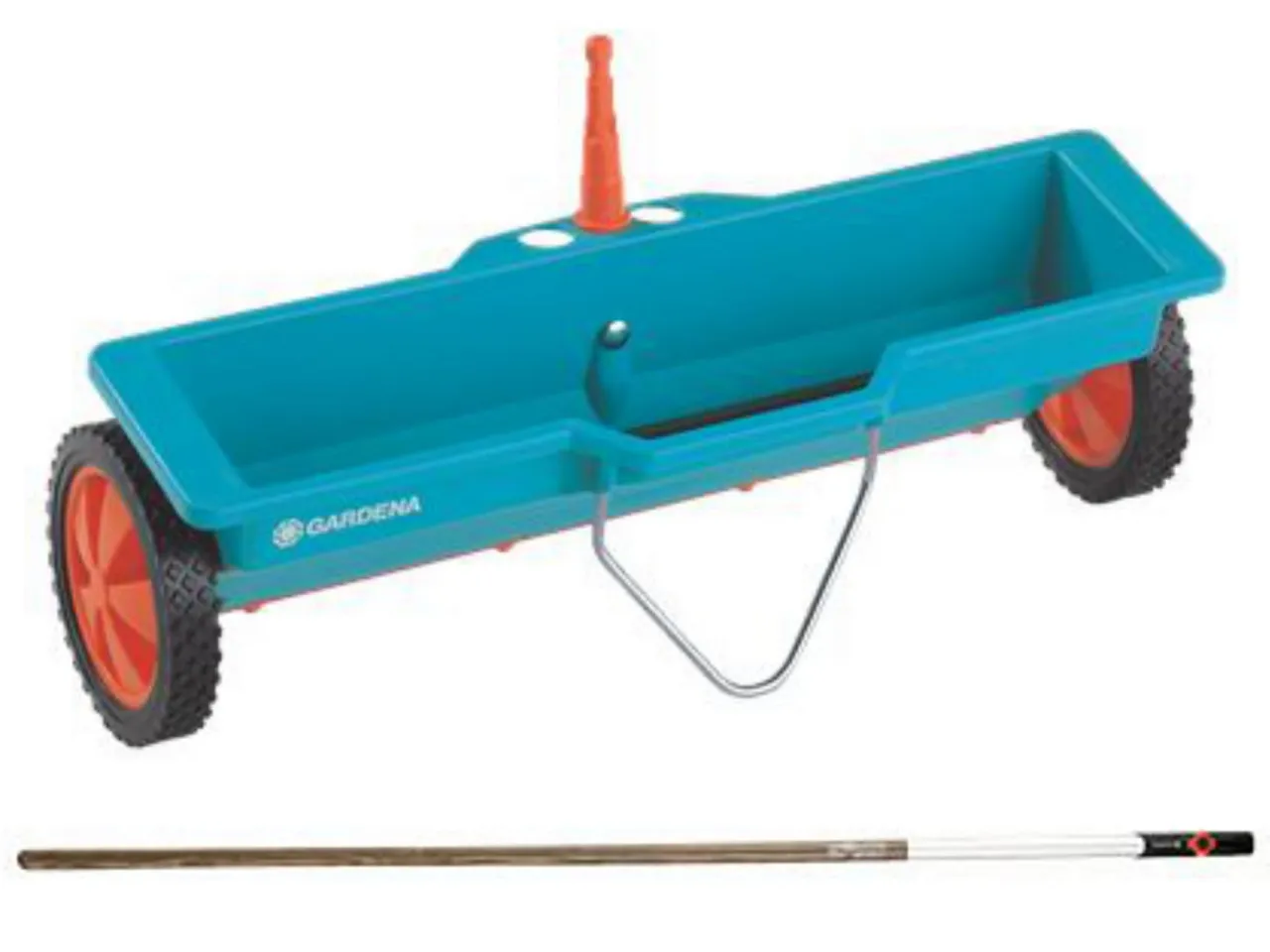 Niebieski siewnik do nawozu na trawnik marki Gardena z pomarańczowym uchwytem i kołami. Idealny, by dowiedzieć się, jaki siewnik do nawozu na trawnik wybrać.