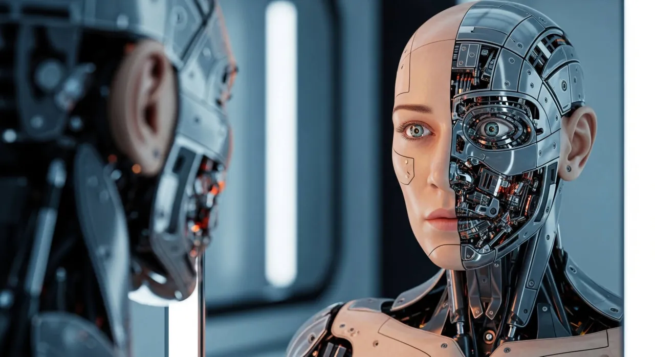 P&oacute;ł-ludzka, p&oacute;ł-mechaniczna twarz robota zadaje pytanie: czy sztuczna inteligencja ma świadomość?