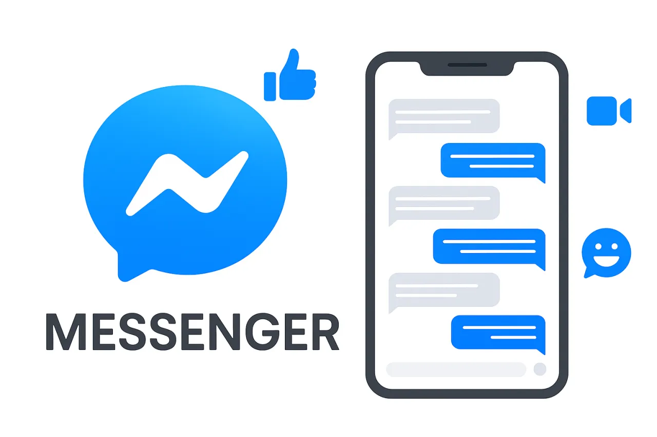 Ikona Messengera i smartfon z czatem. Dowiedz się, jak stworzyć grupę na Messengerze, by rozmawiać z wieloma osobami naraz.