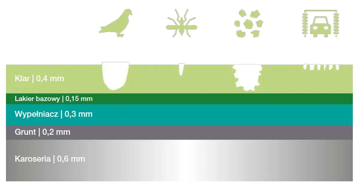 przekrój lakieru samochodowego warstwy mikrony