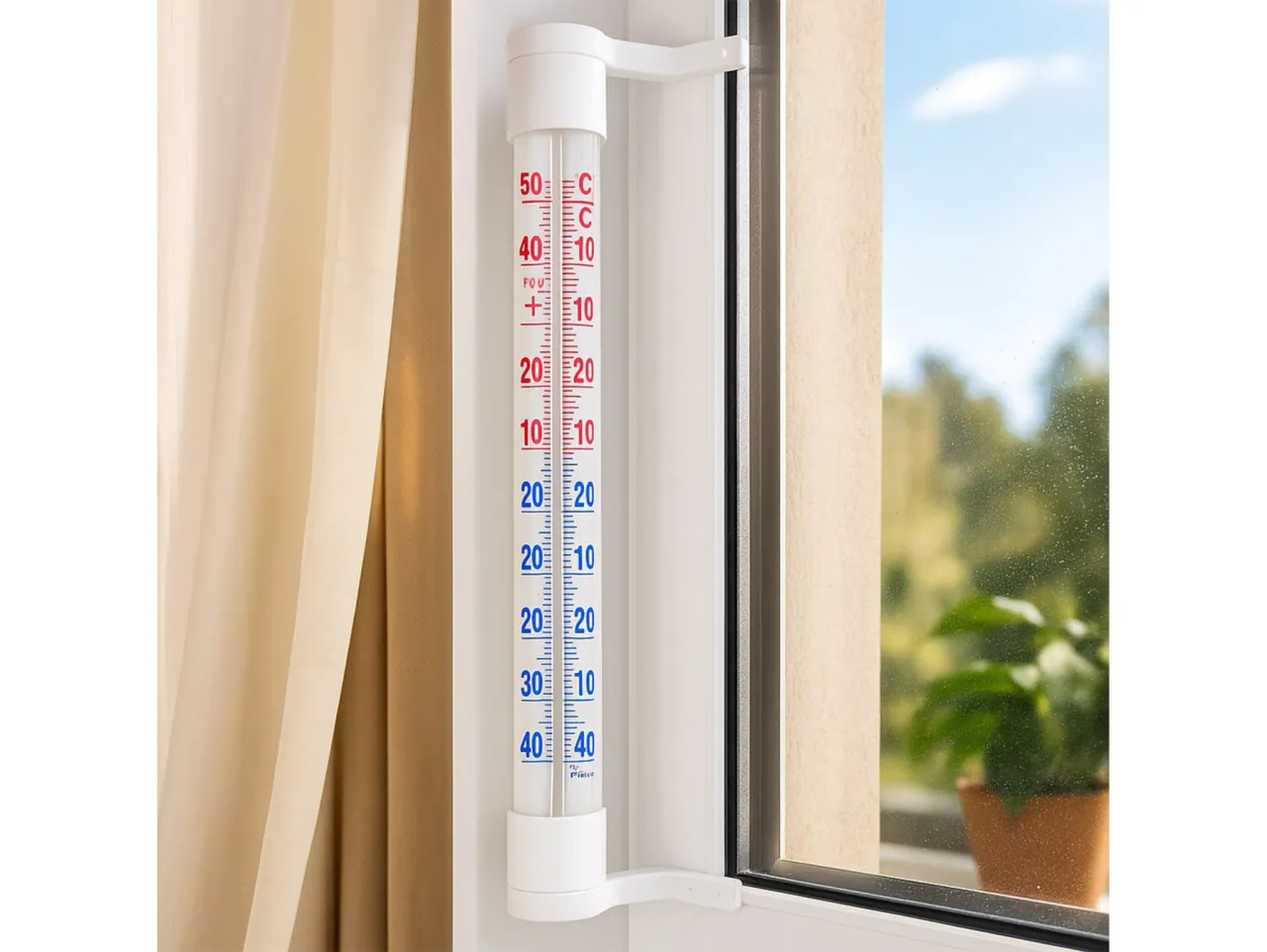 Termometr zewnętrzny i blok mieszkalny jesienią