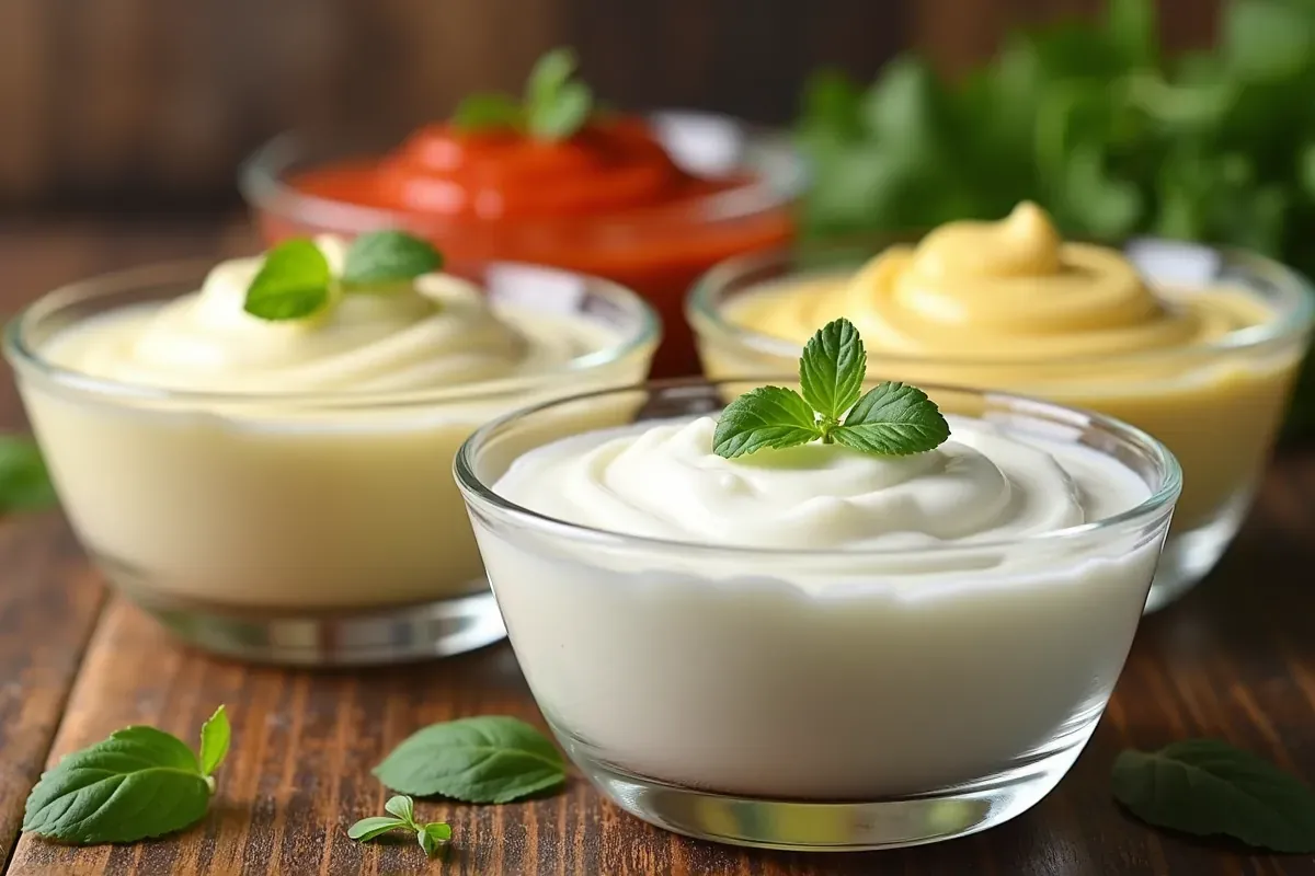 Cztery miseczki z sosami: majonez, musztarda, ketchup i śmietana. Zahartować śmietanę to proces, który nadaje jej gładką konsystencję.