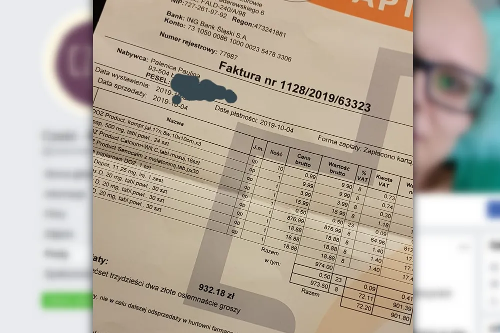 faktura z apteki i zaświadczenie lekarskie