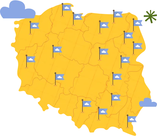 Mapa Polski z zaznaczonymi miastami, w których Szkoła w Chmurze ma placówki