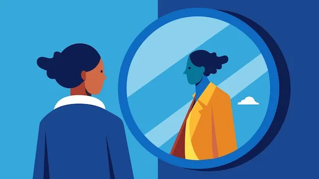 osoba patrząca w lustro z uśmiechem i pewnością siebie