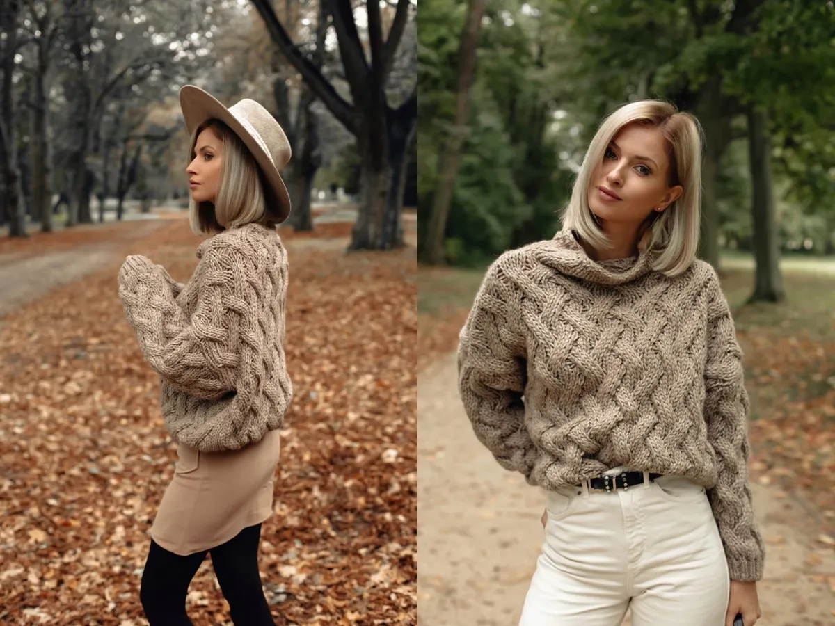 Kobieta w beżowym, grubym swetrze z warkoczami, w jesiennym parku. Czy to sweter, czy sweter, ważne, że ciepły i stylowy.