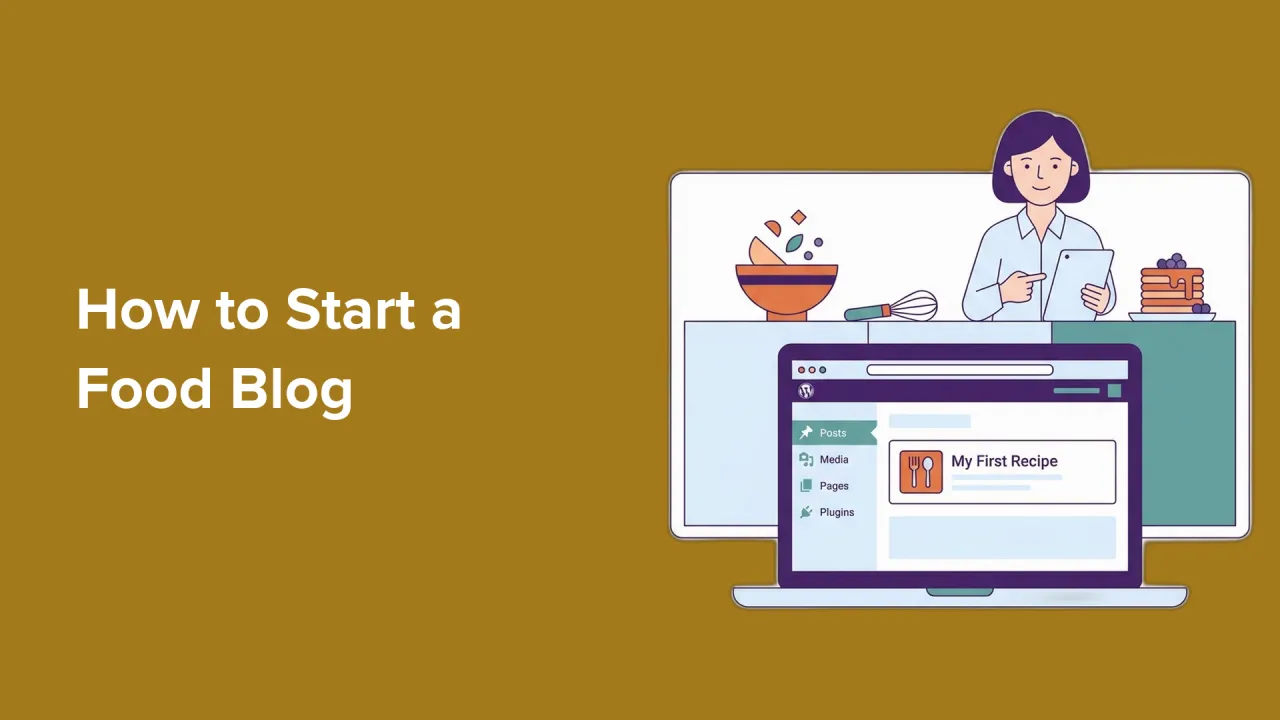 Ilustracja pokazuje, jak prowadzić blog kulinarny. Kobieta z tabletem, komputer z przepisem i stos naleśnik&oacute;w.