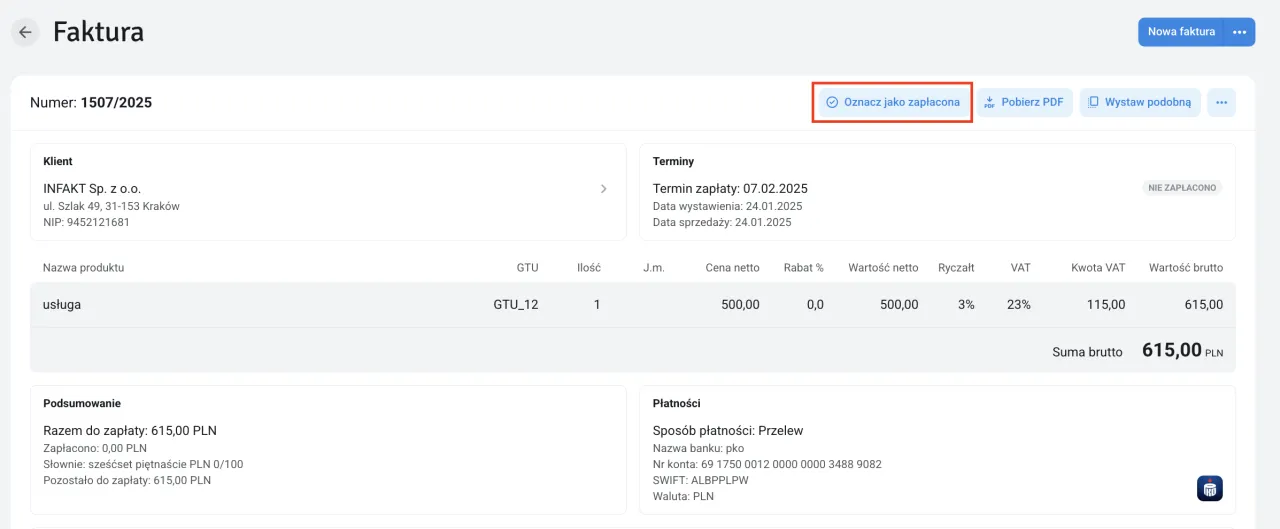 screenshot faktury inFakt z zaznaczonym numerem
