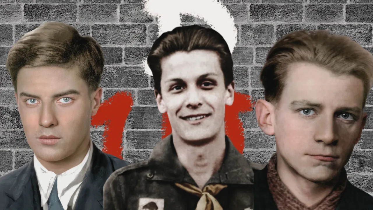 Trzej młodzi mężczyźni na tle ceglanej ściany z czerwonymi znakami. Książka 