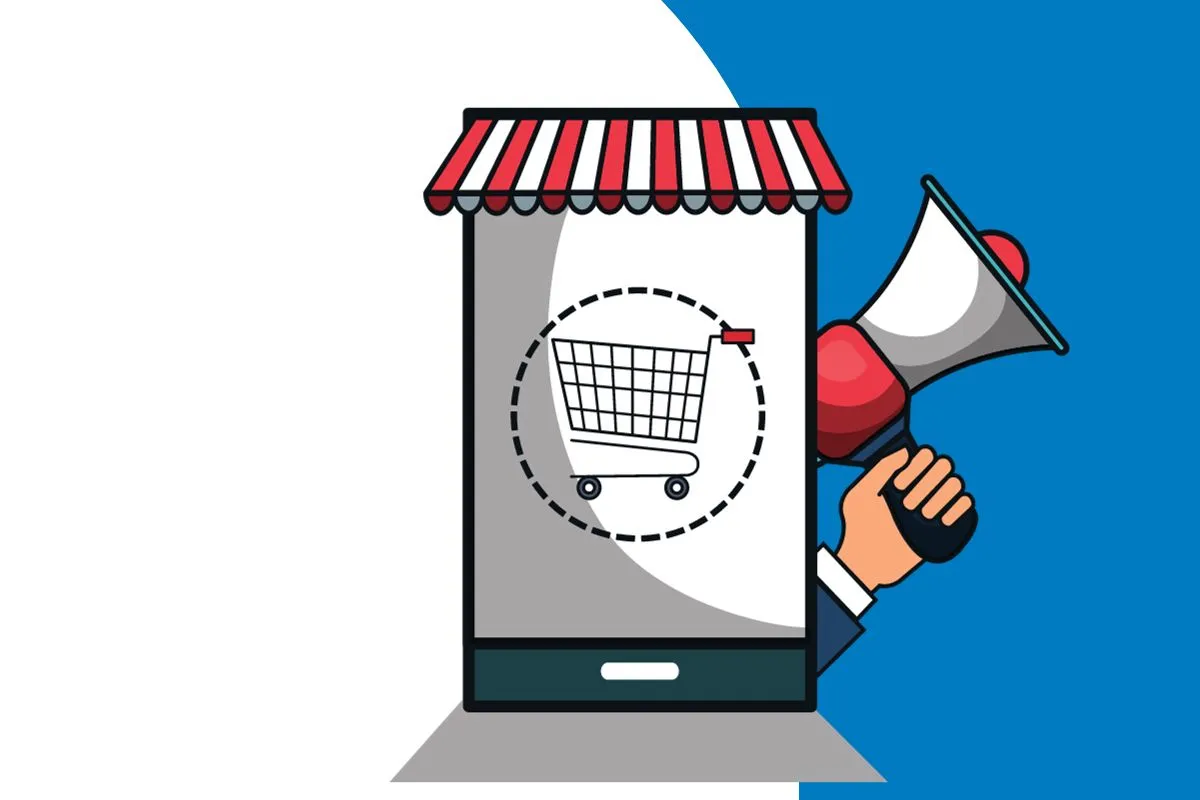 Grafika przedstawia smartfon z ikoną koszyka, symbolizujący e-commerce. Ręka trzymająca megafon sugeruje promocję i samodzielne pozycjonowanie.