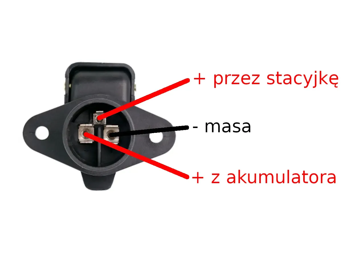schemat gniazda zapalniczki samochodowej z oznaczeniem plus i minus