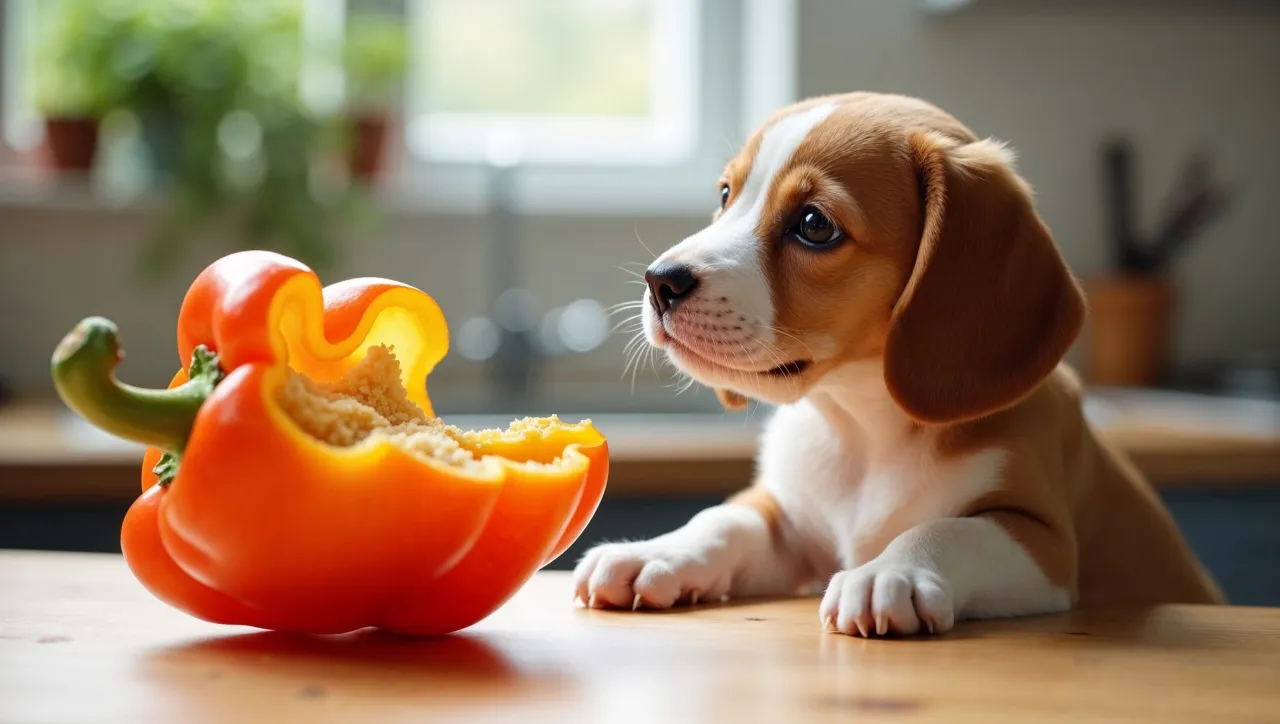 Szczeniak beagle z zaciekawieniem patrzy na przekrojoną paprykę. Czy pies może jeść paprykę? To pytanie nurtuje wielu właścicieli czworonog&oacute;w.