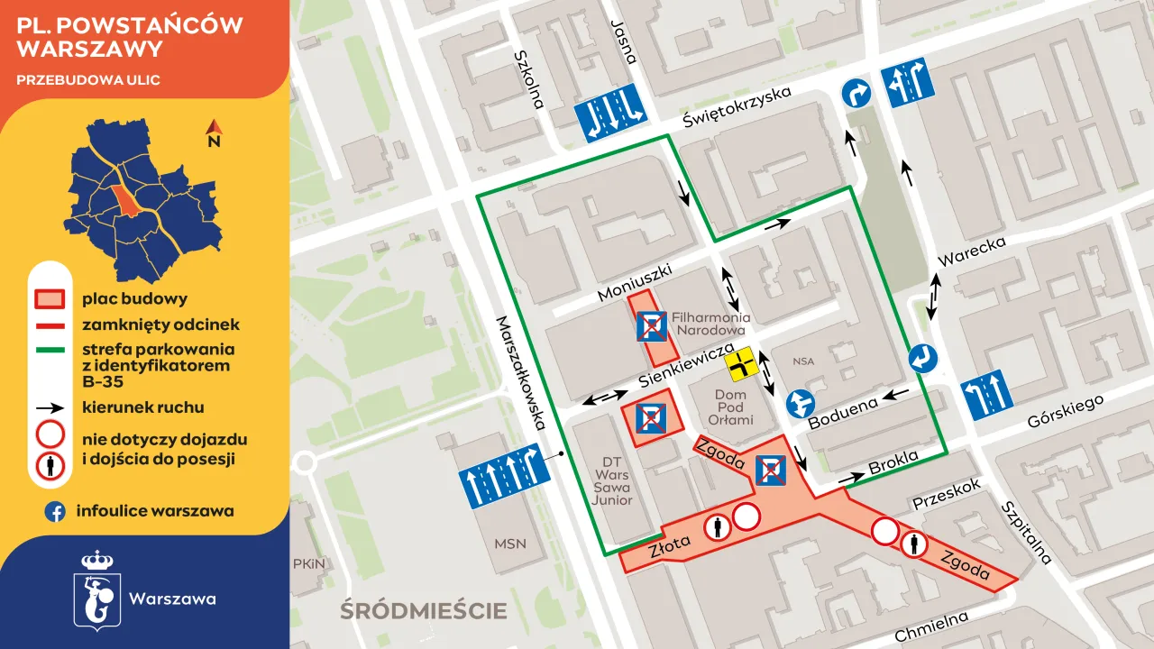 Mapa przebudowy Placu Powstańc&oacute;w Warszawy. Zobacz, gdzie można poćwiczyć jazdę samochodem w Warszawie, omijając zamknięte odcinki.