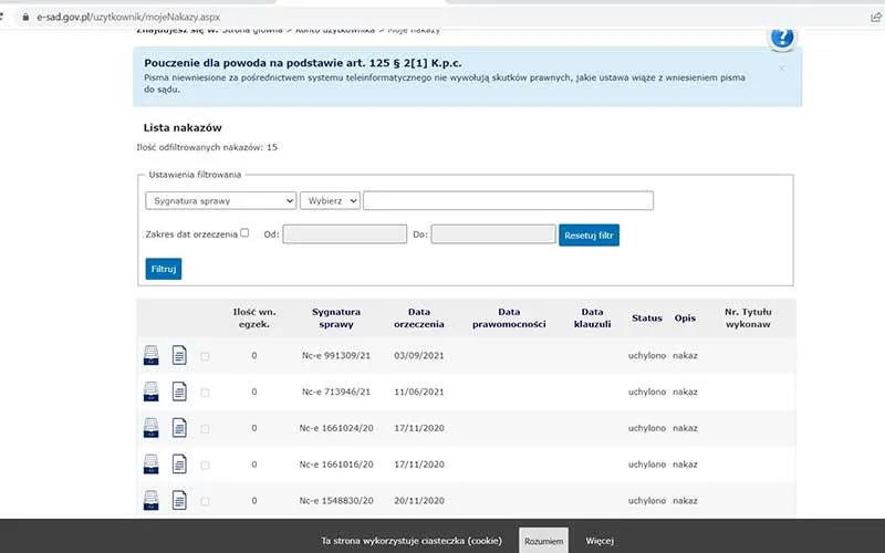 sprawdzanie statusu sprawy sądowej
