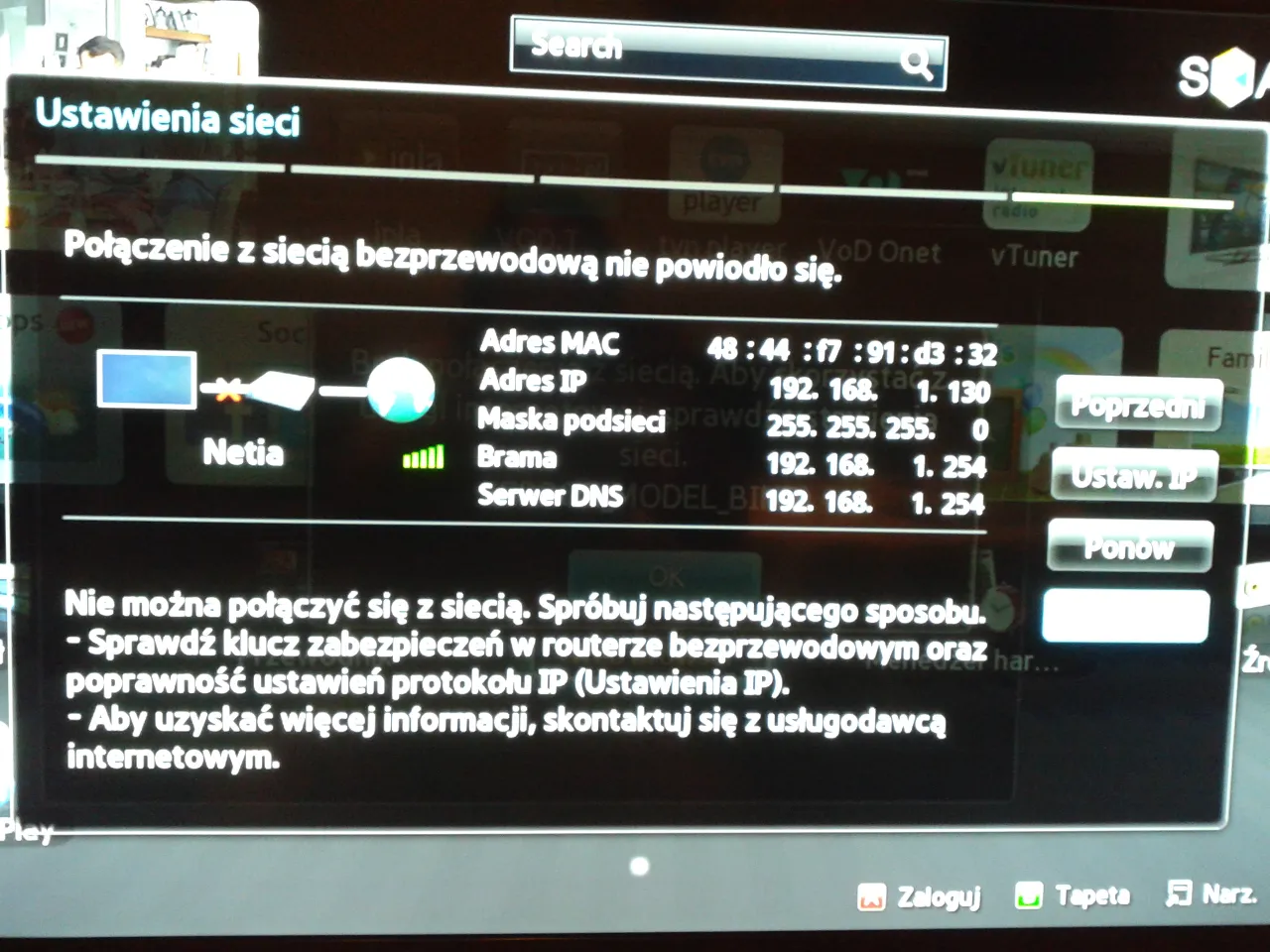 Menu ustawień sieciowych telewizora Samsung
