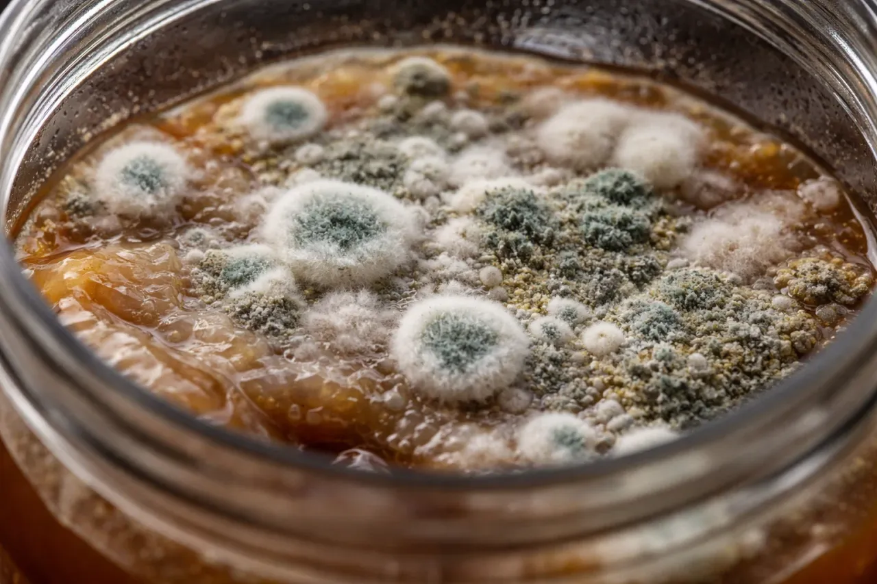 Objawy zakażenia warki: jak rozpoznać pleśń (białe, zielone kłaczki) a jak kożuch drożdżowy (gładki, błonkowaty nalot).