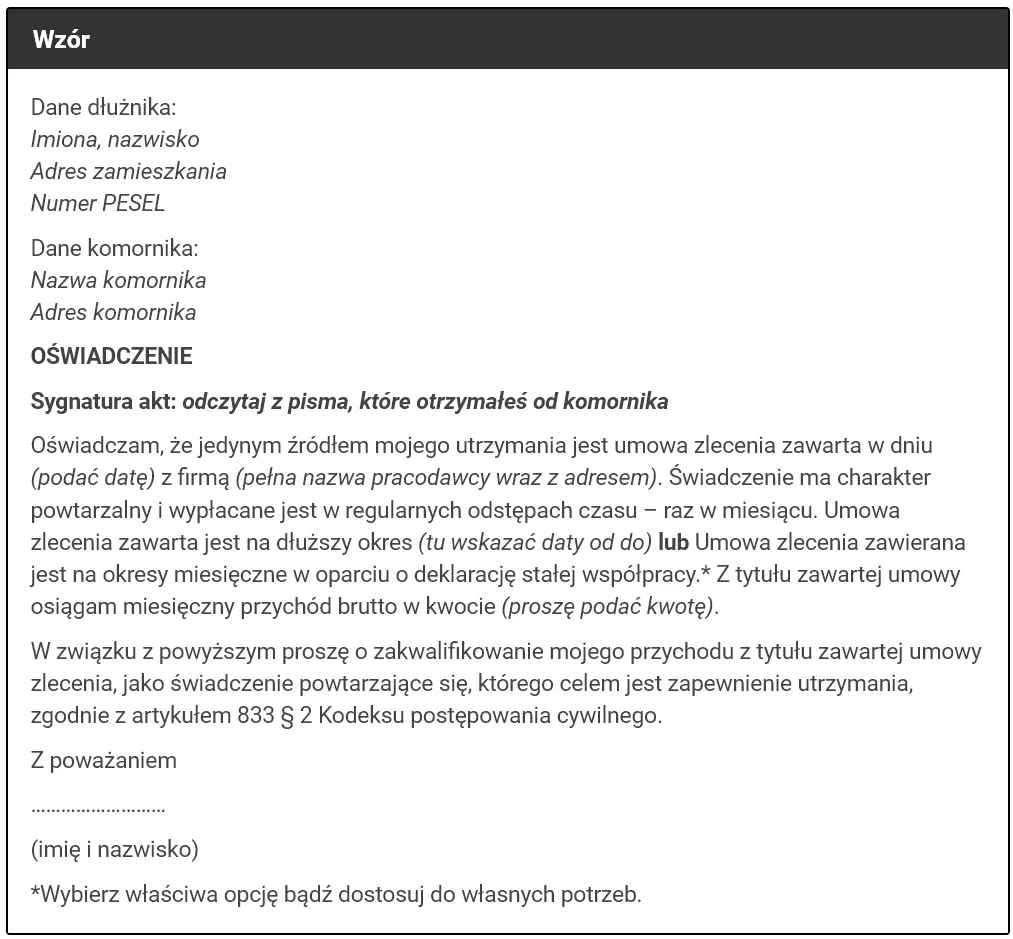 umowa zlecenie a komornik kwota wolna od zajęcia
