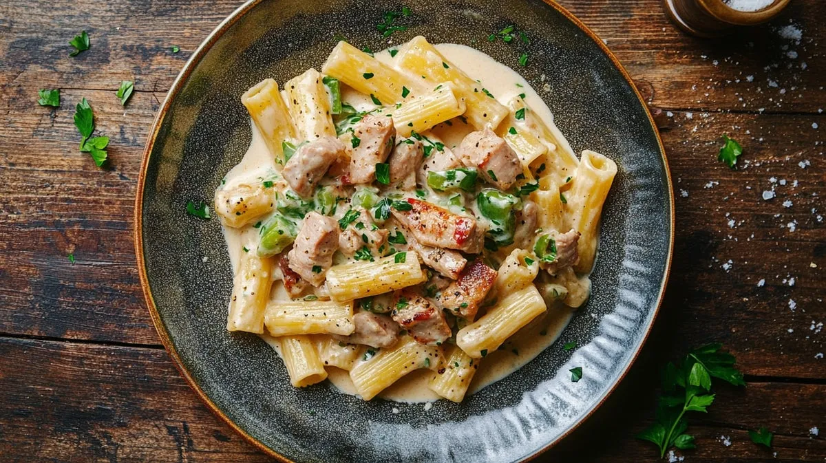 Nudeln mit cremiger Sahnesauce in einem tiefen Teller mit Petersilie garniert