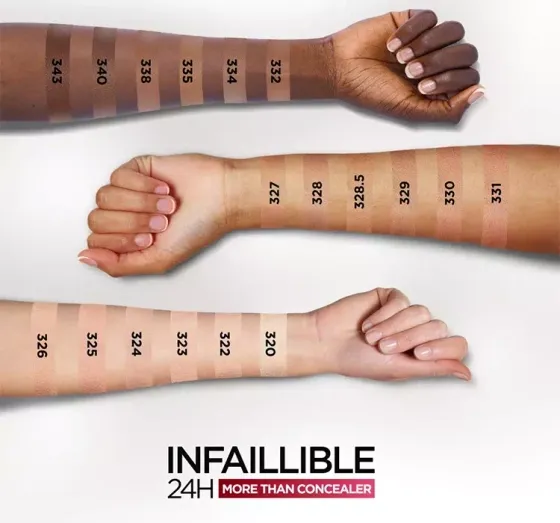Loreal Infallible More Than Concealer swatches na sk&oacute;rze por&oacute;wnanie