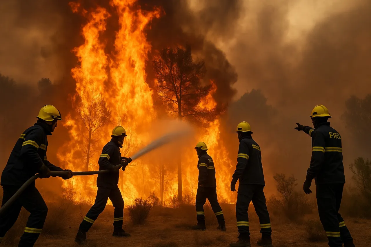 Strażacy walczą z pożarem lasu. Jeden z nich kieruje strumień wody na płomienie, inny wskazuje kierunek. Czy kreta, czy jest bezpiecznie?