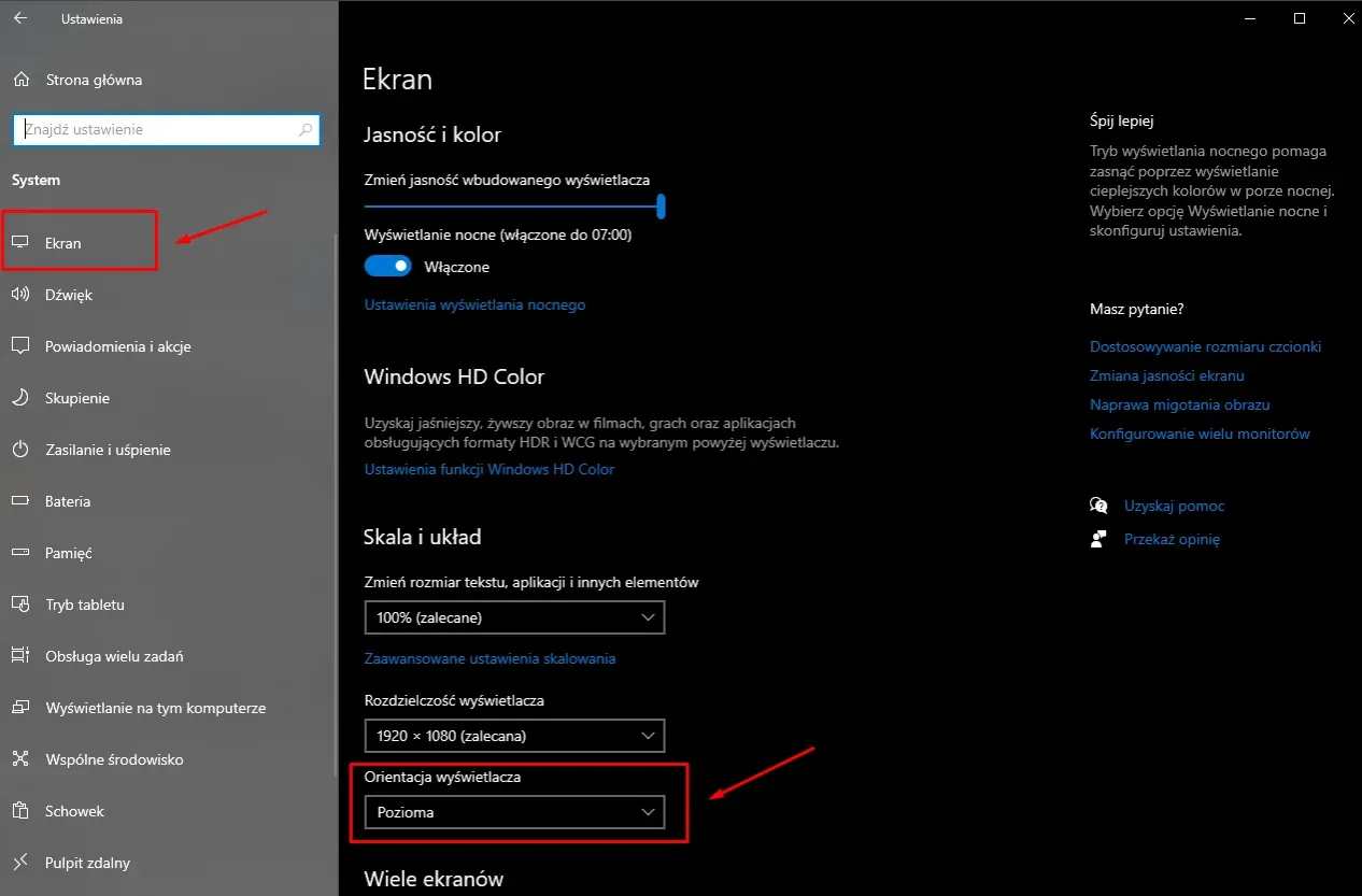 Ustawienia ekranu w Windows. Widoczna opcja